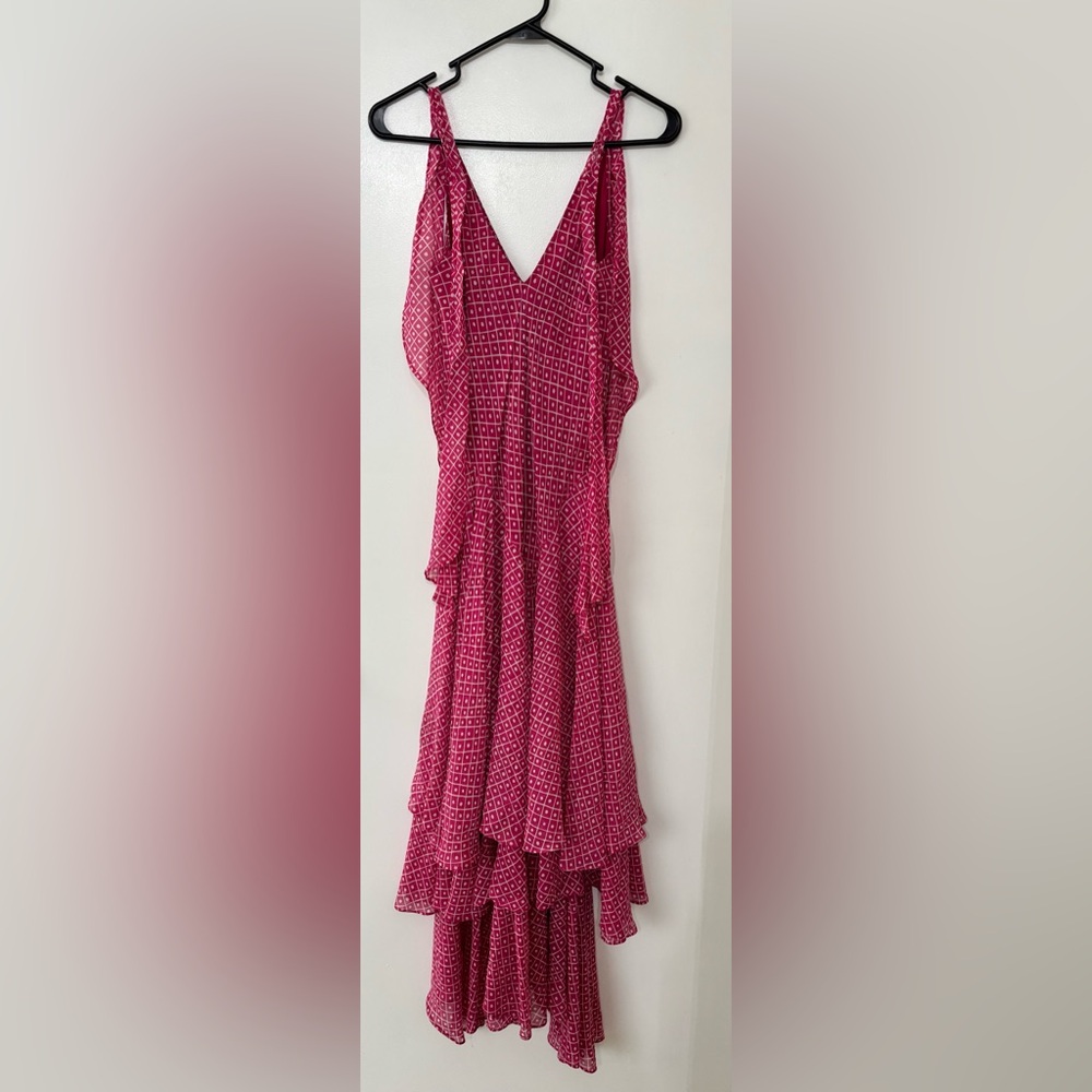 Vintage Celia Birtwell for Express Long Flowing Pink Silk Maxi Dress Gown Size 4
